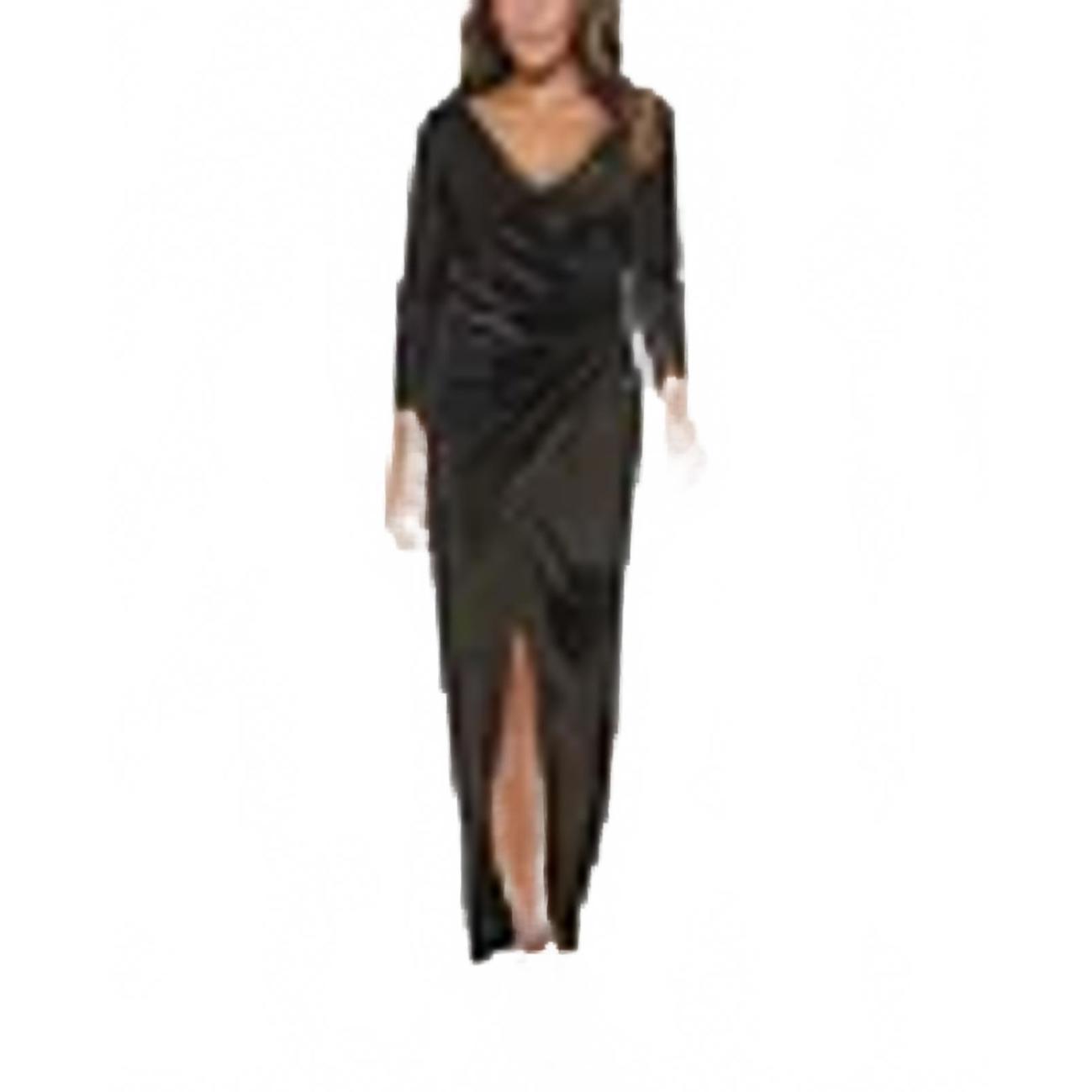 Calvin Klein Elegant Black Velvet Long Sleeve Evening Dress With Front Slit